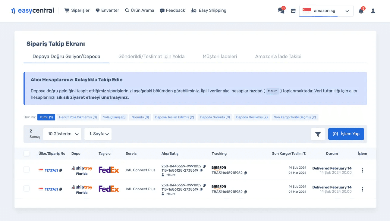 EasyCentral · Shipped / Out for Delivery tab